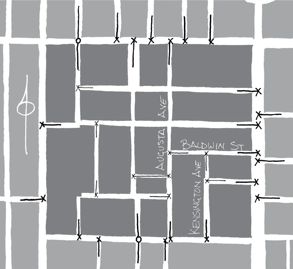 Figure 6: Map showing the high concentration of T-intersections surrounding the Kensington Market neighbourhood as laid out in 1924. O denotes streets continuous inside and outside the neighbourhood, while X represents a road that ends at the major street.