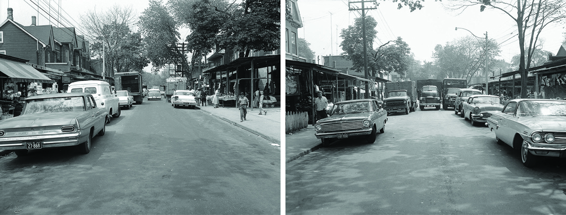 Figure 7: Archival photographs showing Augusta Avenue in 1963. The fixed awnings are in place, though they have yet to be enclosed. City of Toronto Archives, Series 1057, Item 5611; Series 1057, Item 5612