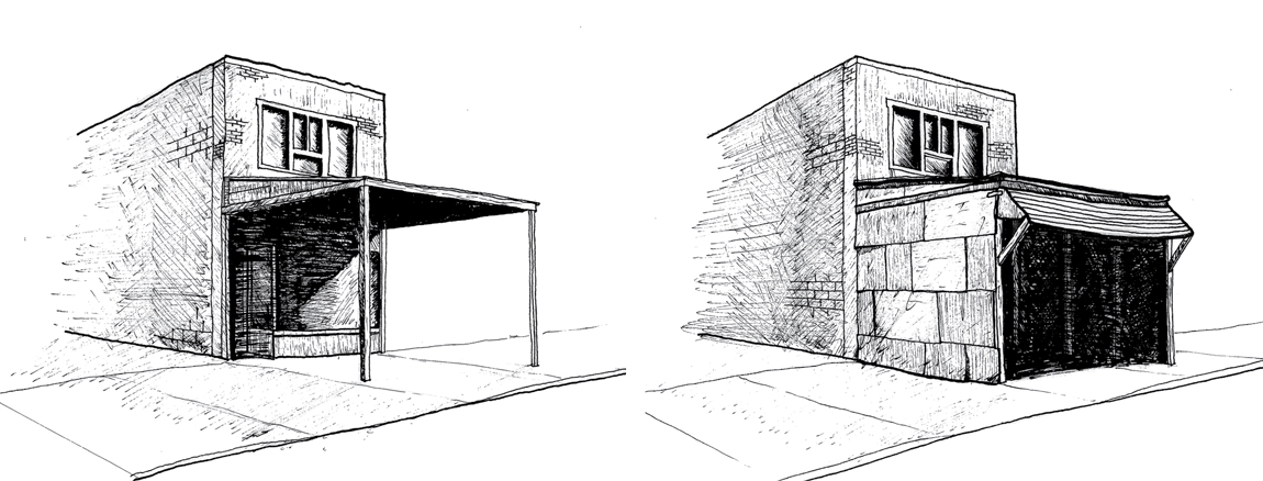 Figure 8: Drawing of a fixed awning on Augusta Avenue, before and after winterizing the space. The former is speculative.
