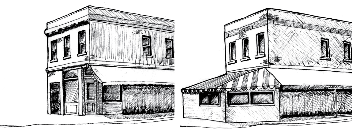 Figure 9: Drawing of a corner market at Baldwin Street and Augusta Avenue, as configured in 1932 and with enclosed café today.