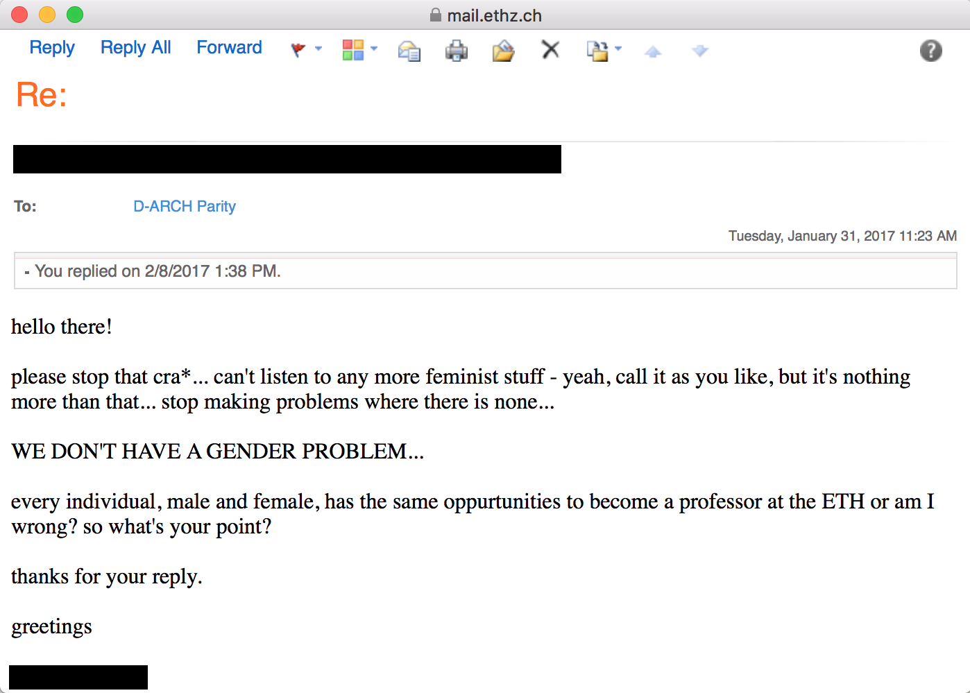 Document 9, dated January 31, 2017 & February 8, 2017: e-mail correspondence “WE DON’T HAVE A GENDER PROBLEM”