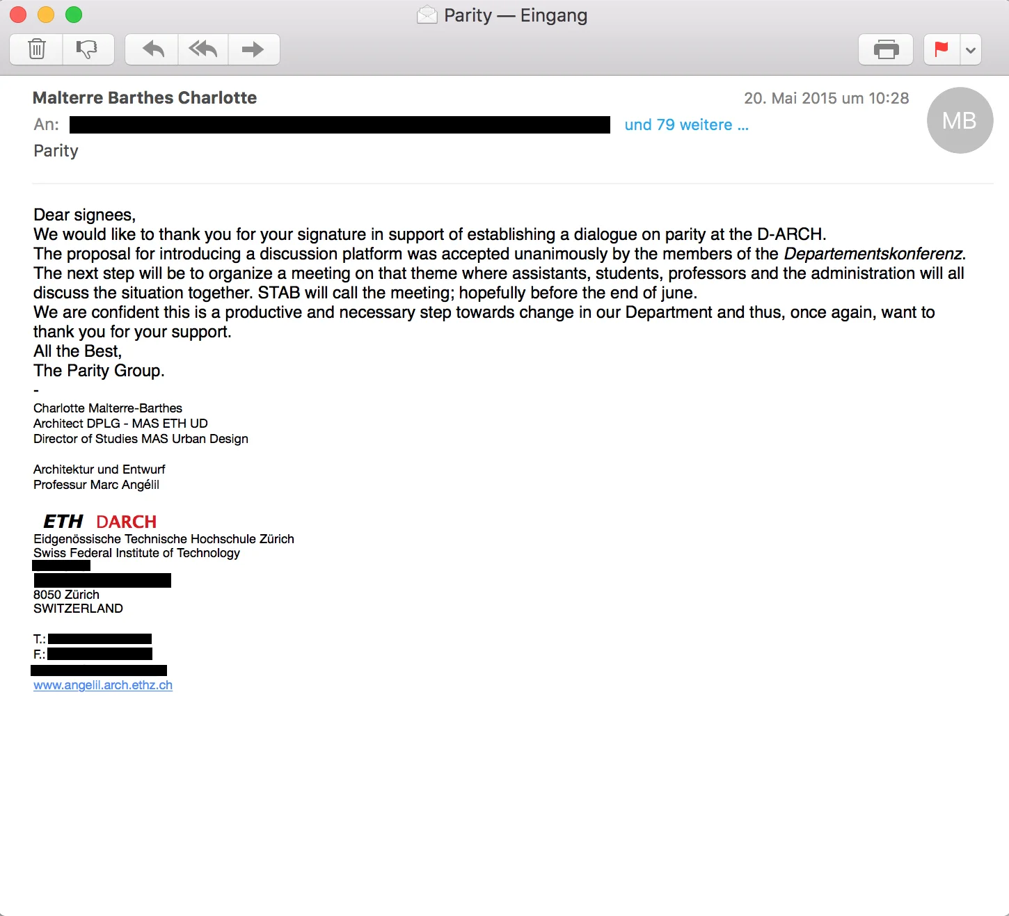 Document 1, dated May 20, 2015. E-Mail correspondence, subject header: “Parity”