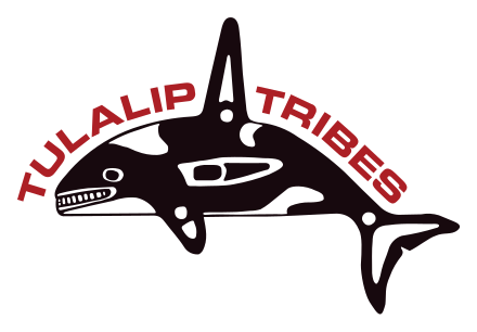 The Tulalip Tribes logo, stylized orca and red text