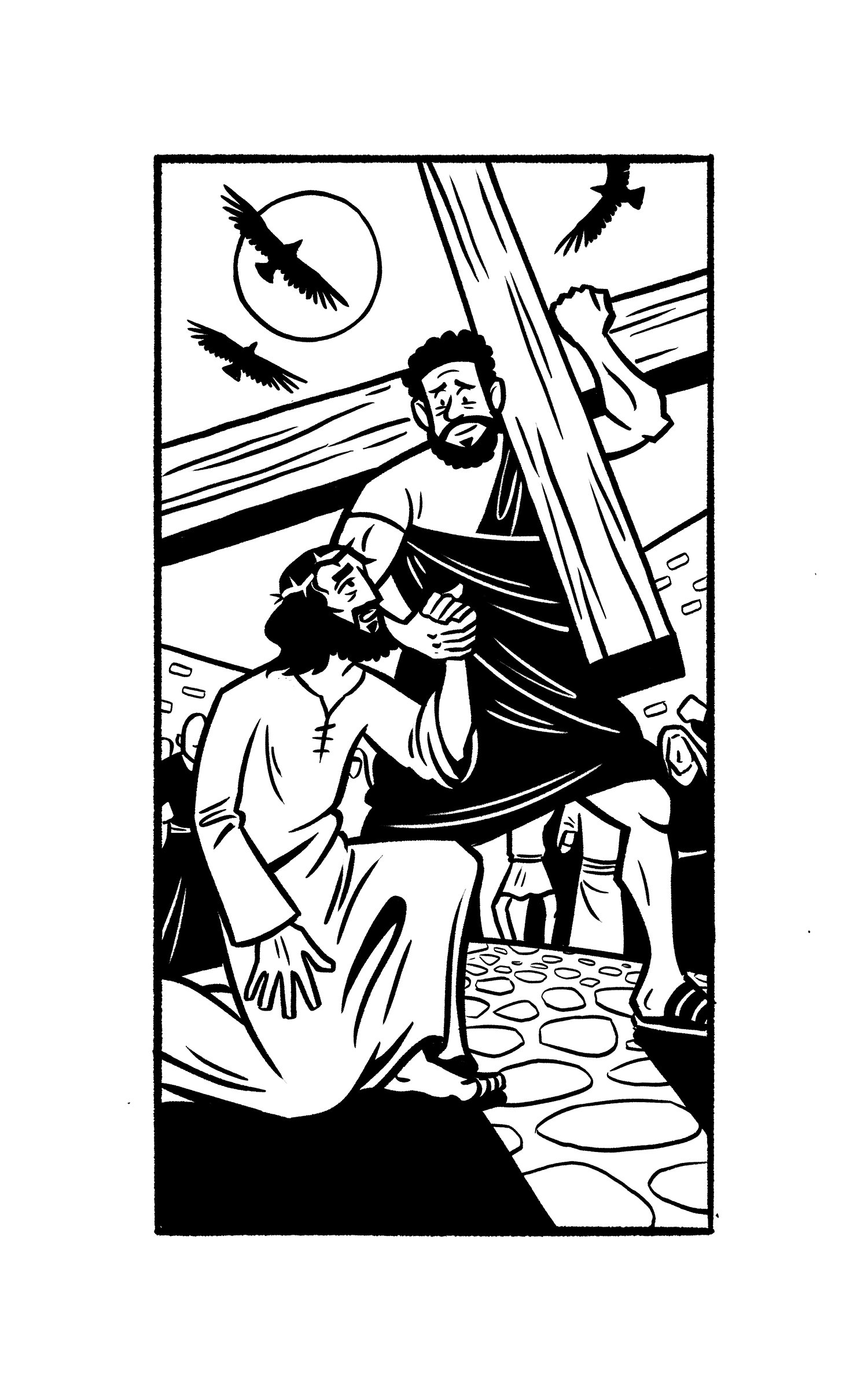 Simon of Cyrene helps Jesus to carry his cross