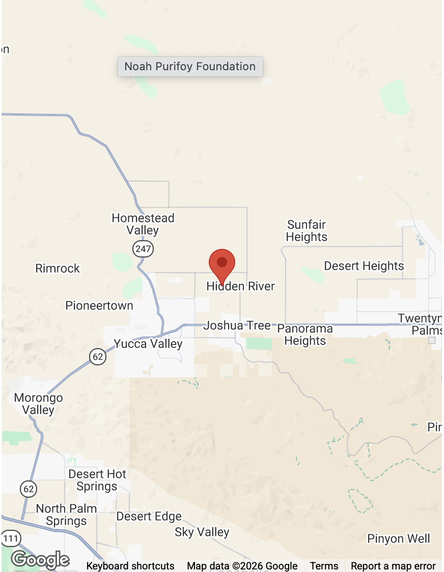 Google map of Morongo Valley area where the Outdoor Museum is located. Includes Hwy 62 branching off the 10 Fwy and running through Yucca Valley, Joshua Tree and Twentynine Palms