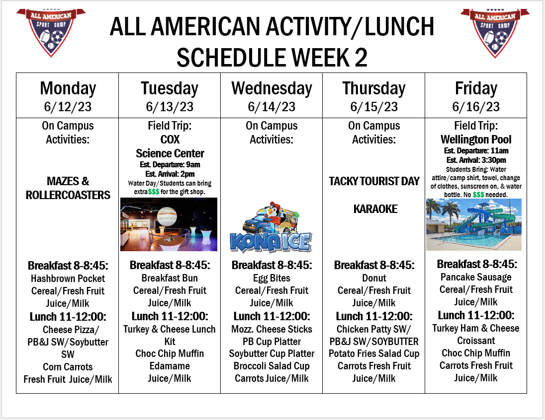 Summer Camp Calendars — All American Sport Camp Inc. Florida