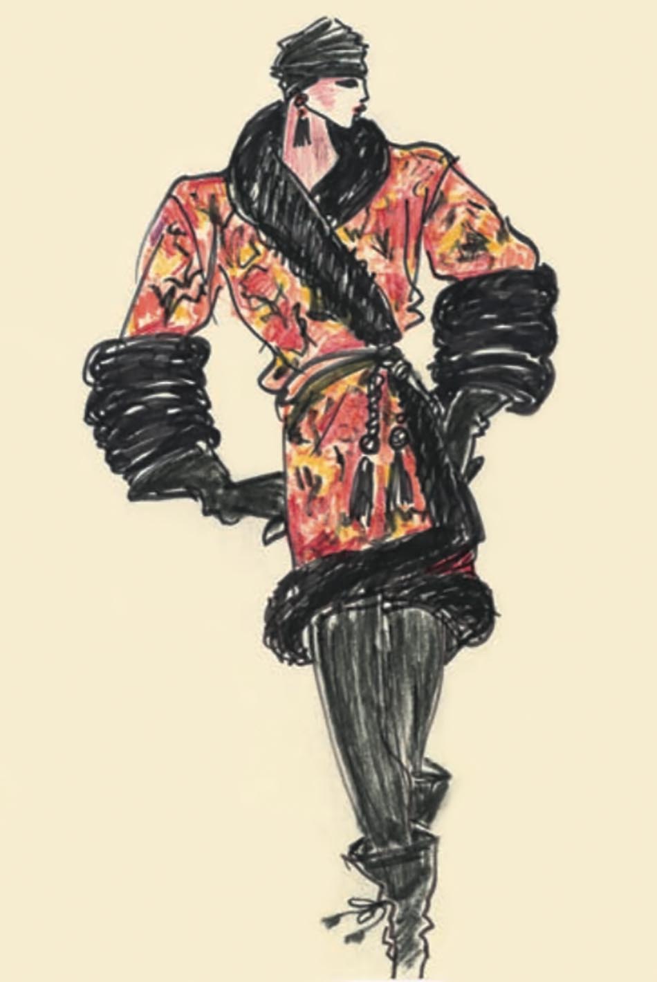 Illustration sketch of an evening ensemble, Autumn-Winter 1977 Haute Couture collection, Musée Yves Saint Laurent Paris