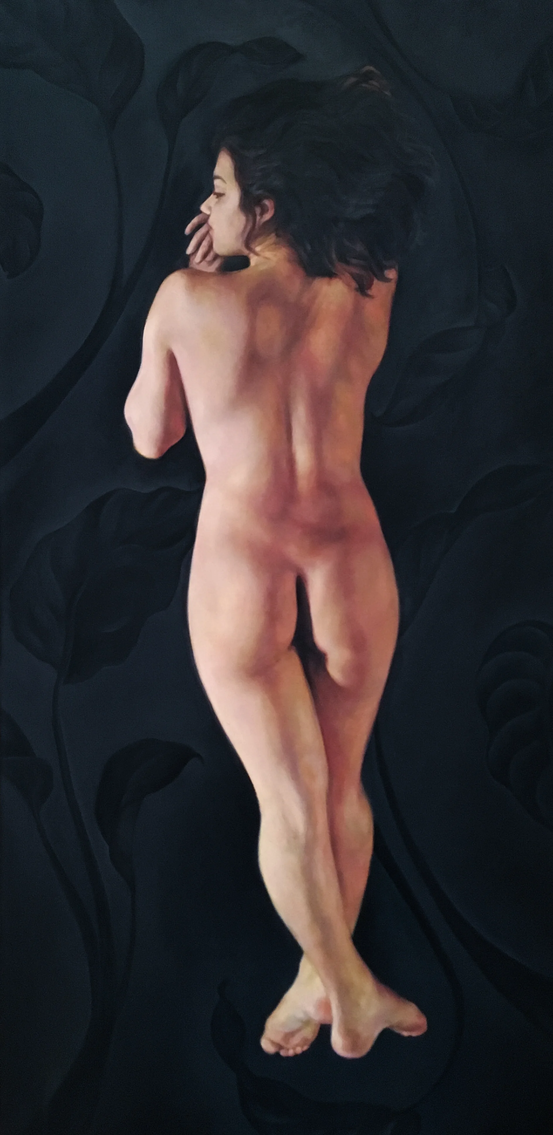 Kylie with Dieffenbachia, Oil on Linen, 48x24", 2017