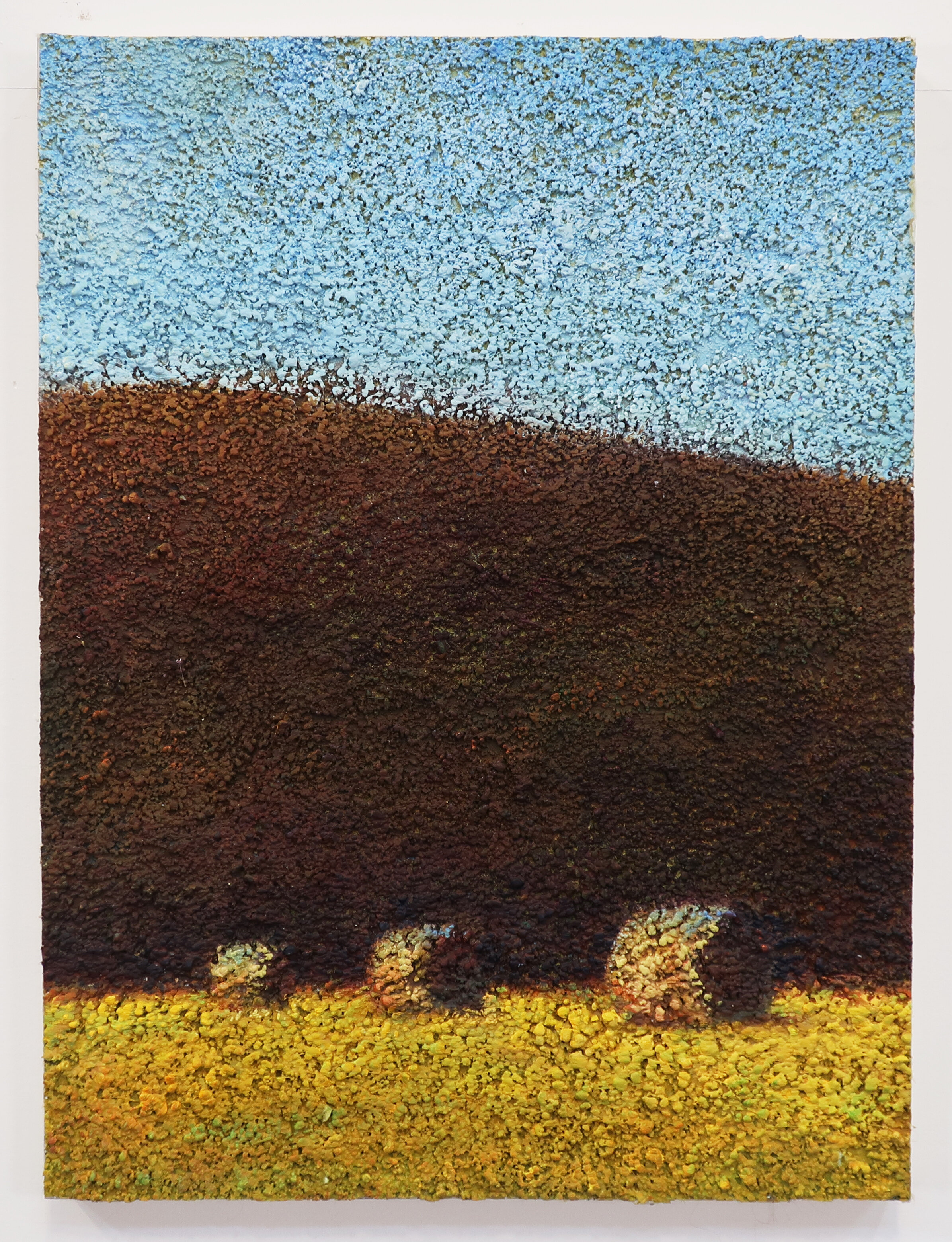 Three Little Bales, 2020, pumice, acrylic, and oil on panel, 24x18”