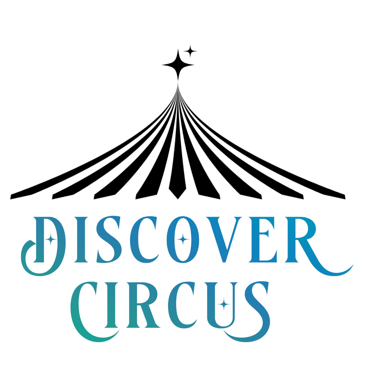 Stylized logo with the words 'Discover Circus' in large, bold, blue 3D letters on a dark background.