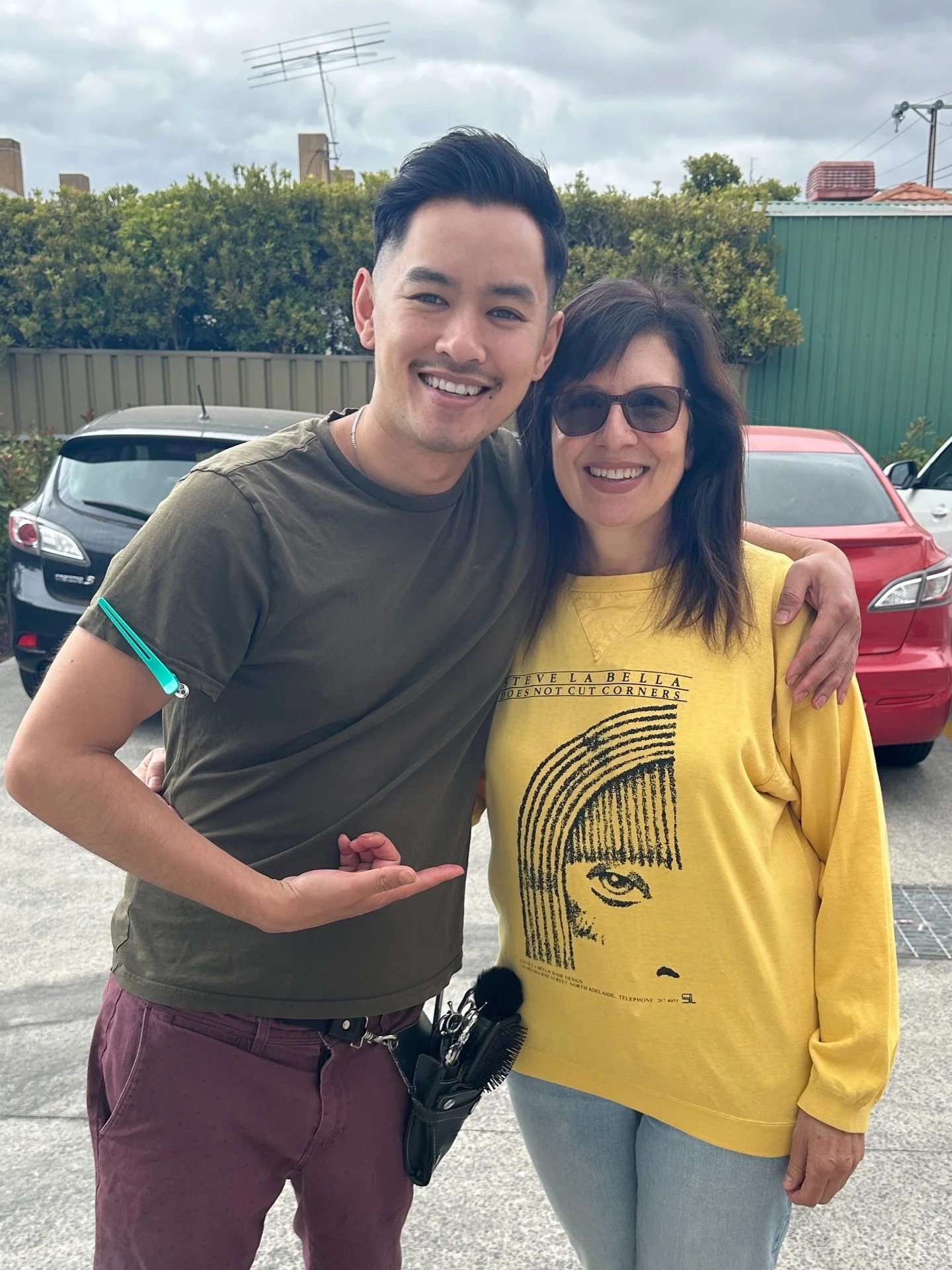 In celebration of Steve&rsquo;s 70th Birthday last week, we had Steves cousin, Di come in with a special surprise. It was a vintage sweater from the dinosaur prehistoric era. 😂🦖 Yes we use to tease Steve all the time. 

La Bella Hair was the salon 