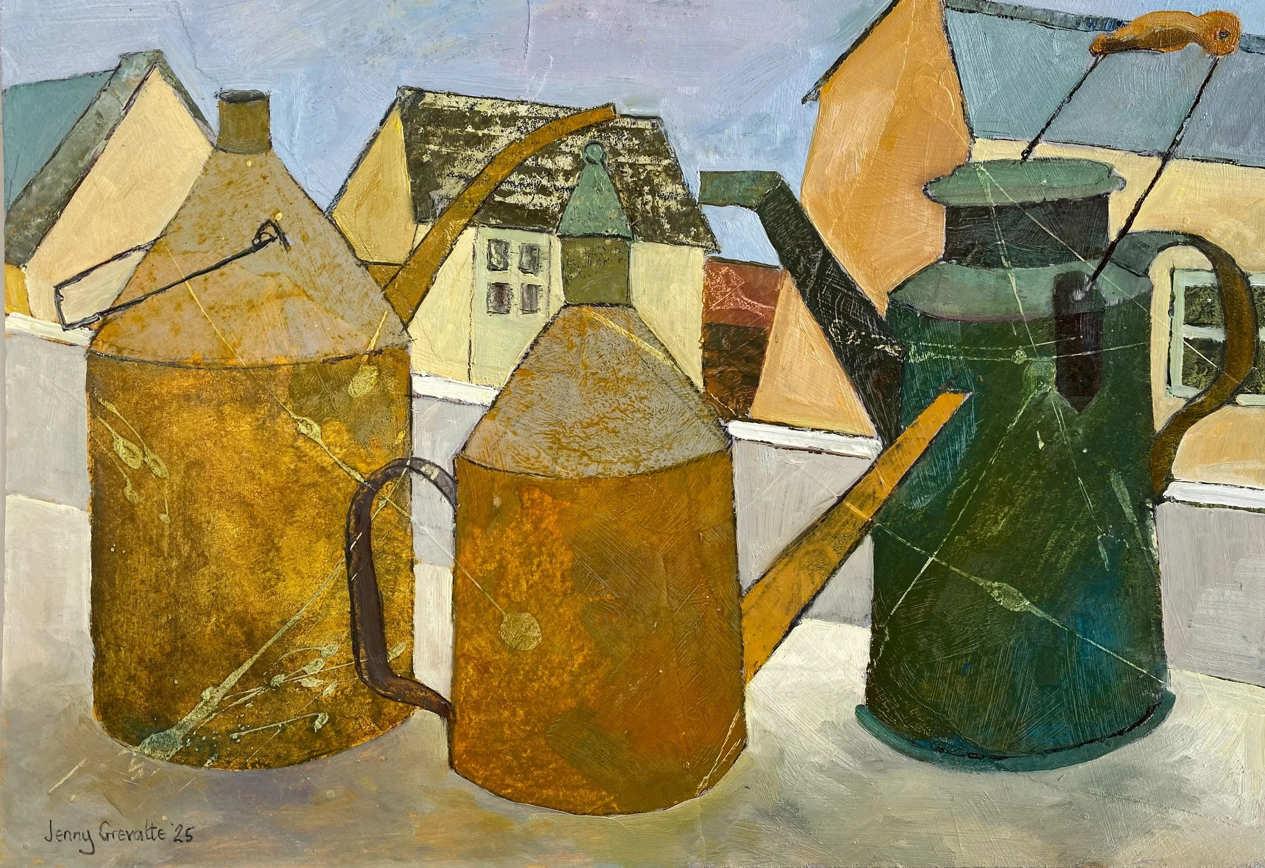 Three oil cans on the windowsill 