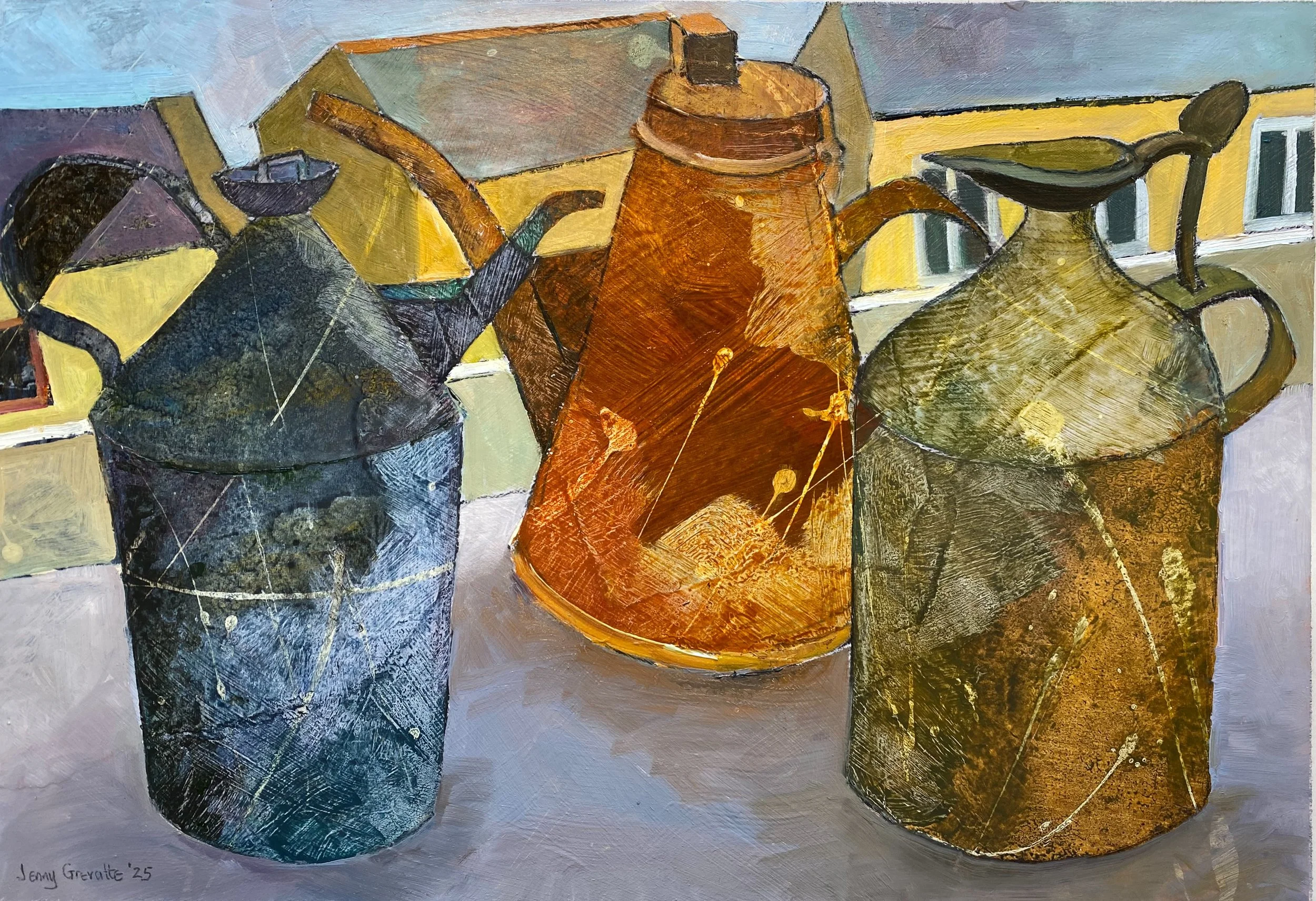 Three old oil cans on the windowsill