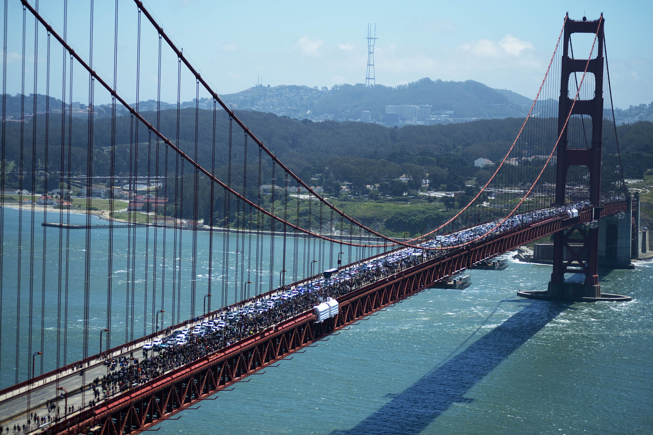  George Floyd and police brutality protestors shut down incoming traffic to San Francisco across the Golden Gate Bridge during a march on June 26, 2020.  