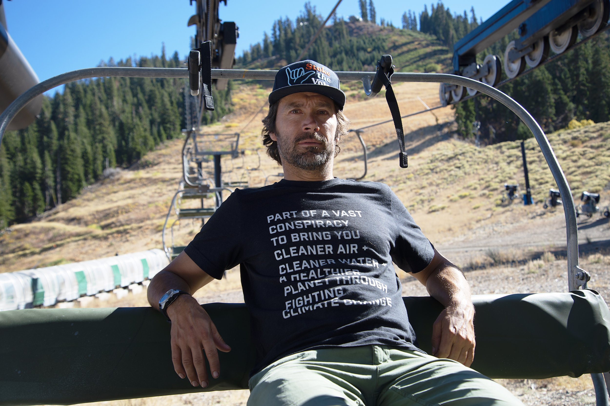  Professional snowboarder Jeremy Jones uses his platform to confront misinformation from climate deniers and created the non-profit Protect Our Winters (POW) in 2007. Jones poses for a portrait here at his home resort, Palisades Tahoe, on Oct. 14, 20