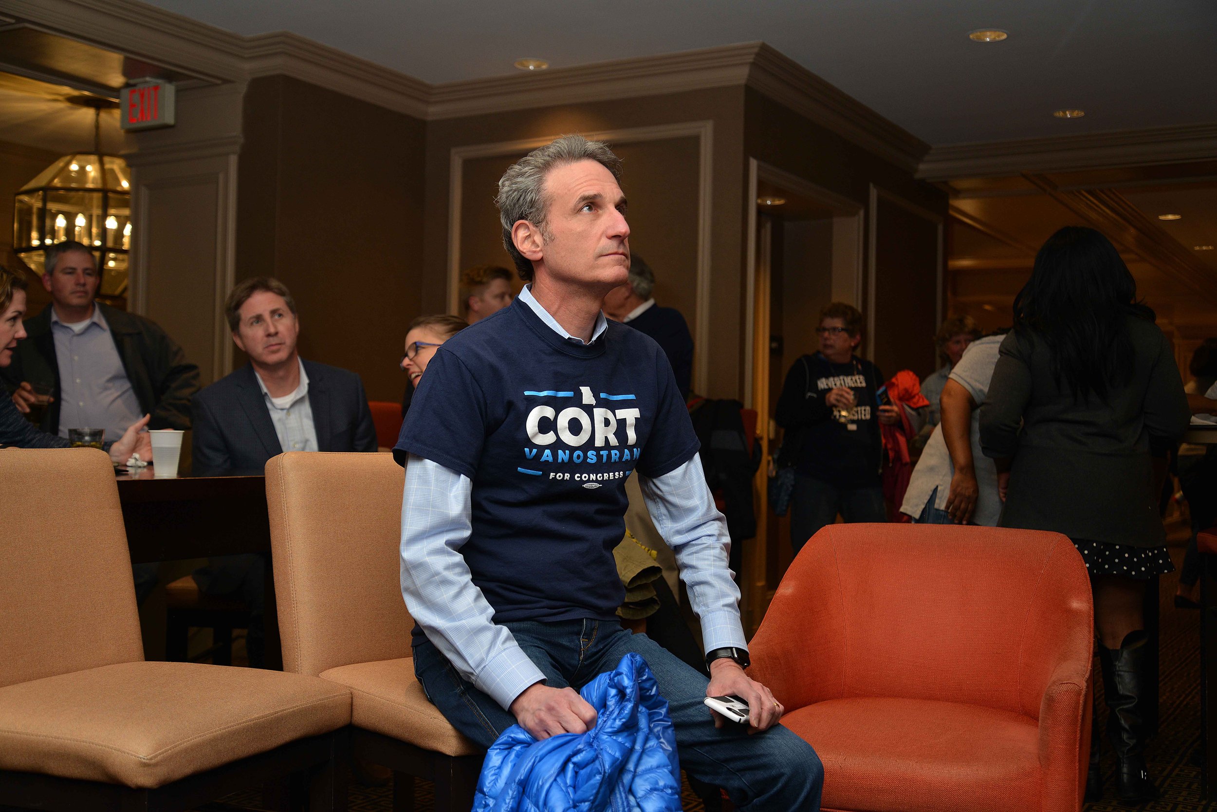  John Kalishman watches the results of Cort VanOstran's unsuccessful election campaign come in against incumbent Republican Ann Wagner at a watch party on Nov. 6, 2018.  