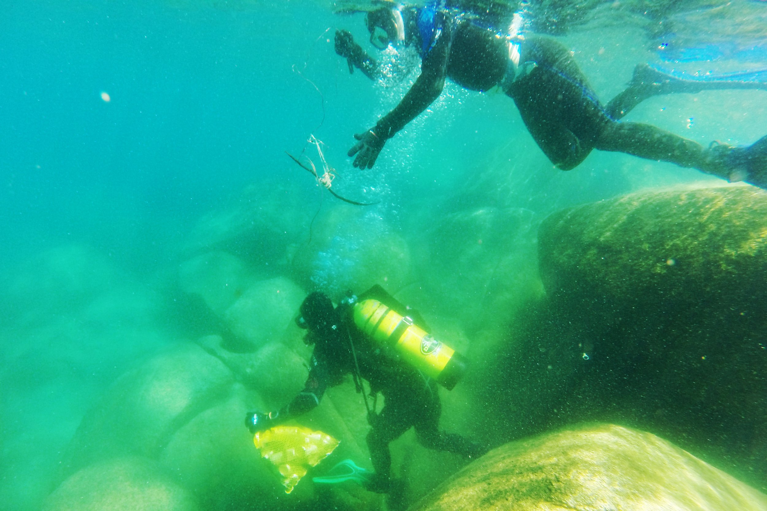  Divers from Clean Up the Lake, a Lake Tahoe, Ca. based non-profit specializing in removing litter and other human-made waste from the iconic body of water, go down for a dive on Aug. 2, 2021. The team successfully removed over 25,000 lbs. of trash c