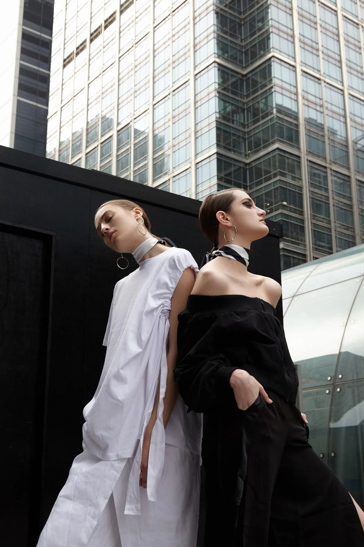 Liza - Scarve: Dlye treasure, Earrings: other stories, Off shoulder bomber jacket: house of sunny CUT, side Troussers : asos. karolina - Scarve: dlye treasure, Jewellery: asos , Top: asos, Troussers: Laurel,Shoes: Ash.