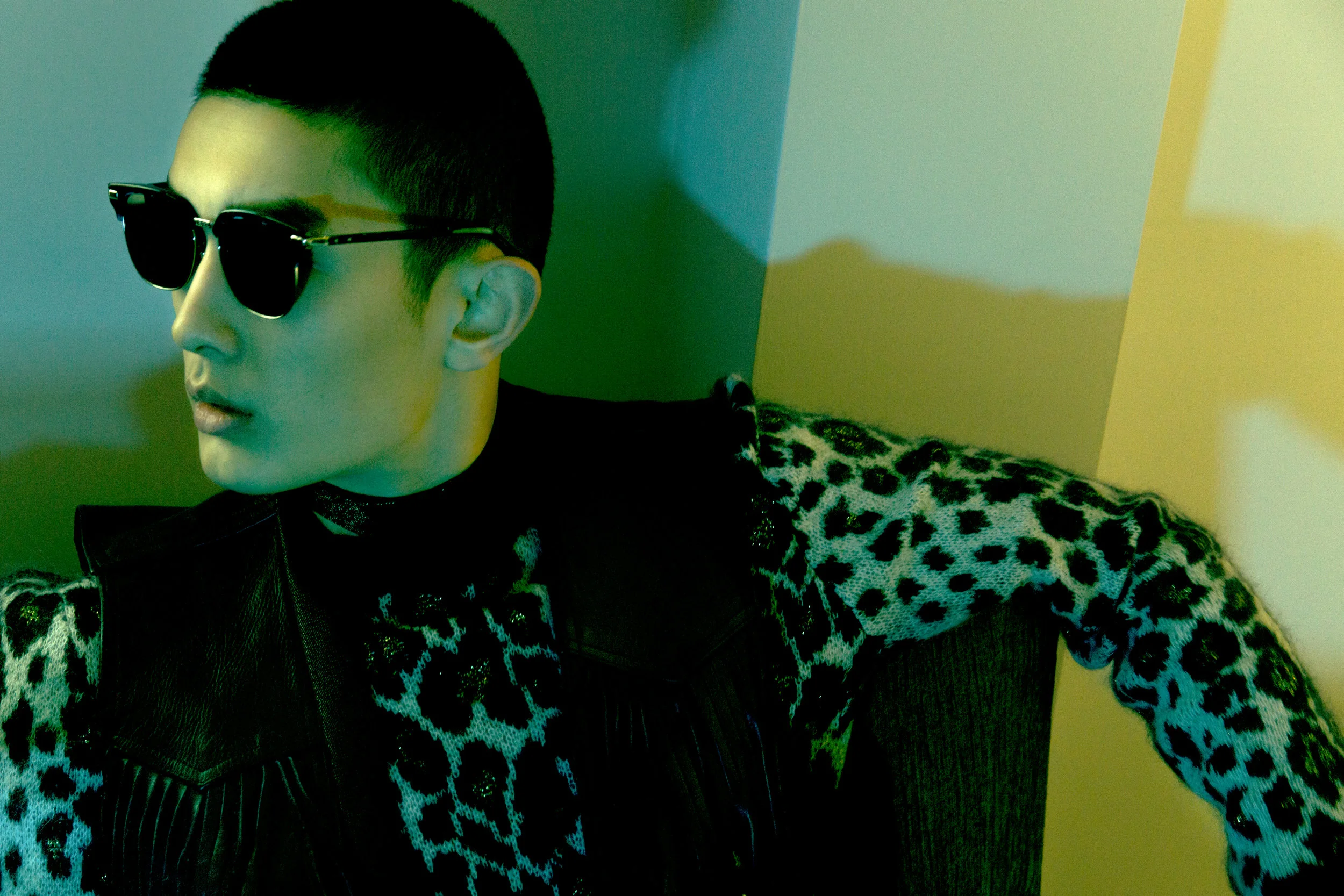 Leopard print sweater Saint Laurent , Tie Saint Laurent , Fringed leather waistcoat Vintage, Sunglasses KDX .