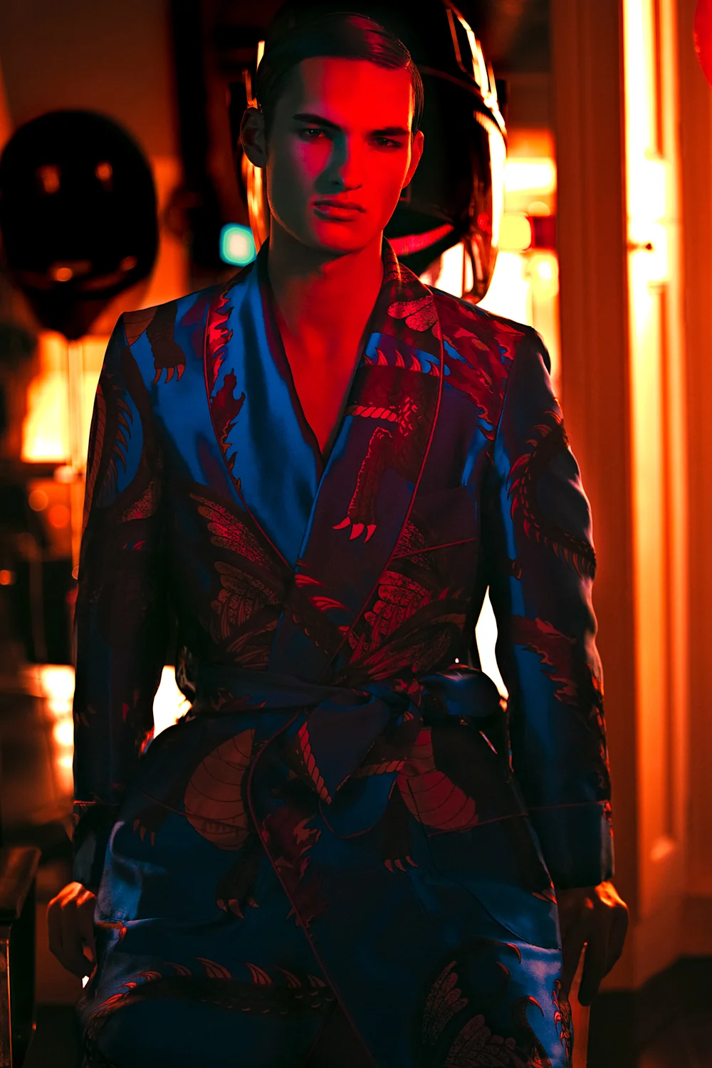 Blue Dressing Gown New & Lingwood , Trousers New & Lingwood , Silver Slippers Giuseppe Zanotti .