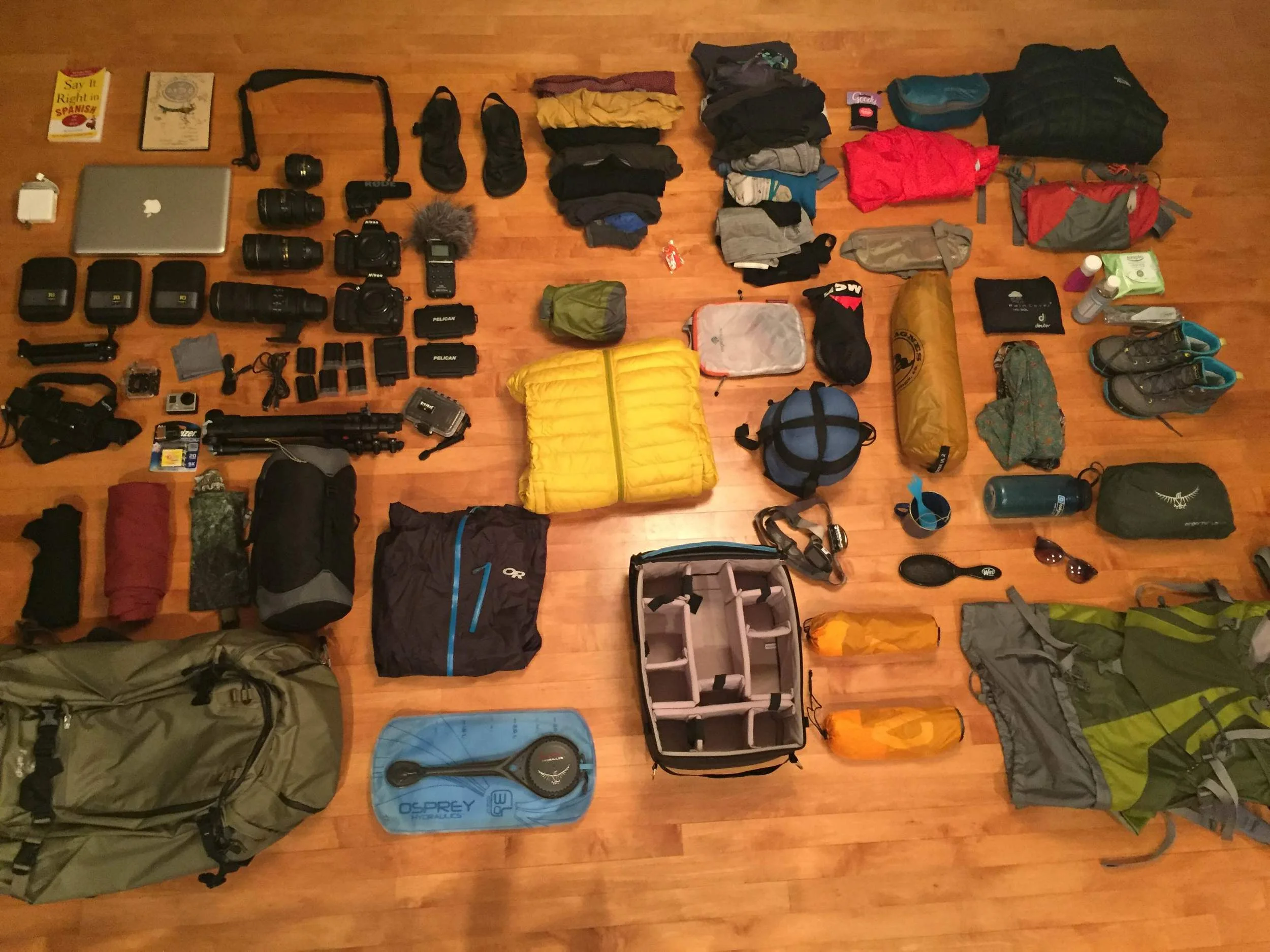 Almost all of our gear for the trip. We both are carrying a 70 liter backpack. (Photo taken with iPhone 6)