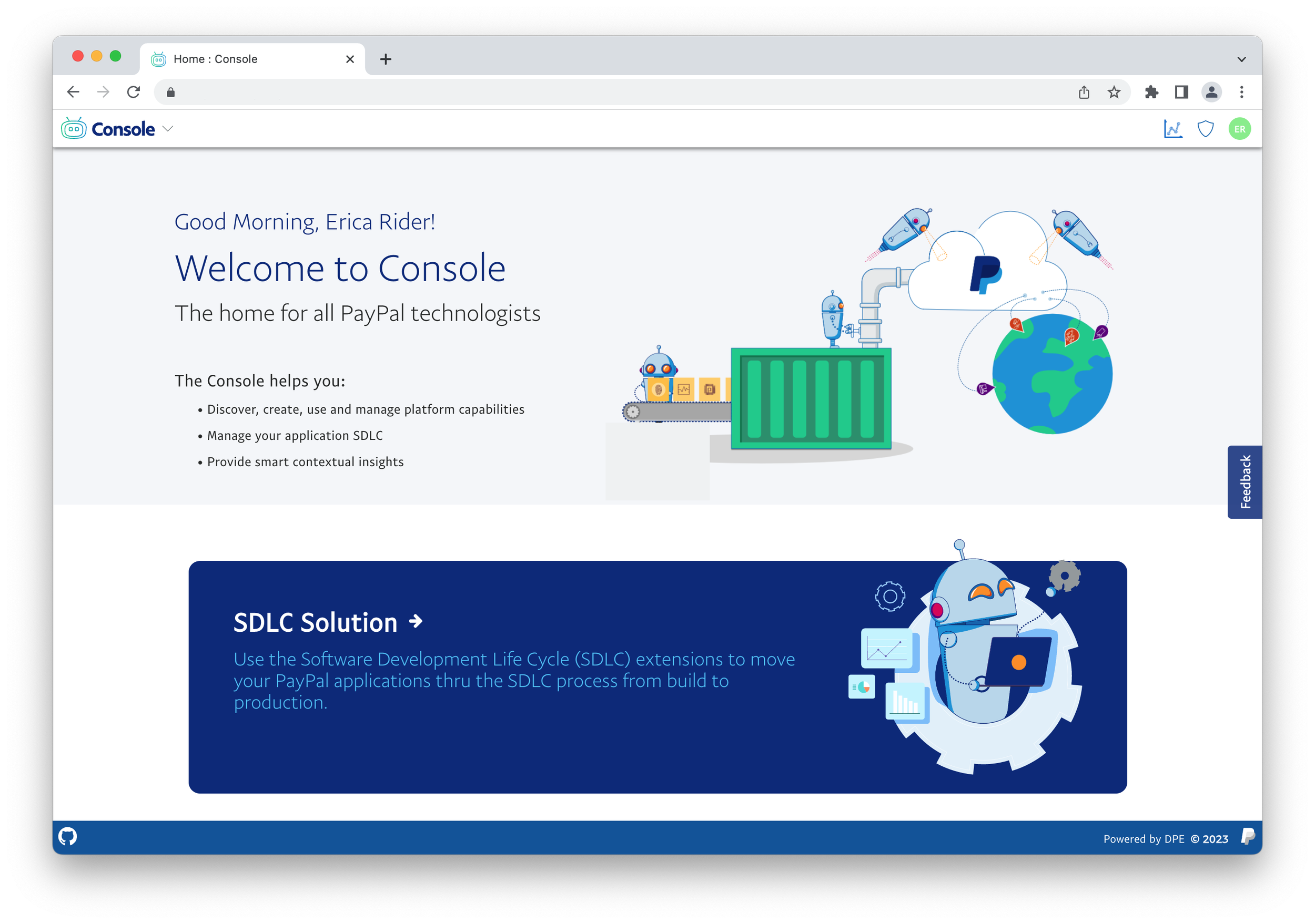 PayPal Developer console Home Screen