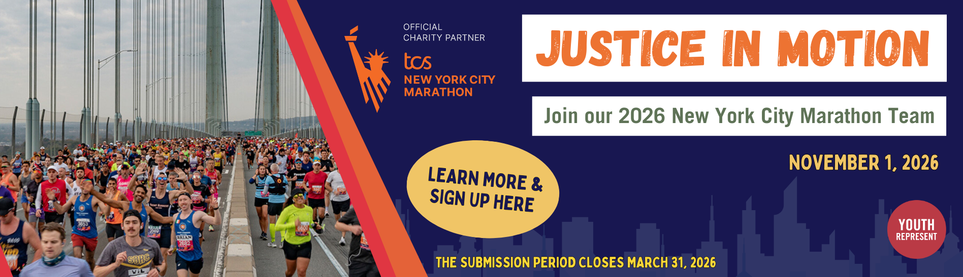 Image of marathon runners running across a bridge (on the left) and the text "Justice in Motion", Join our 2026 New York City marathon team