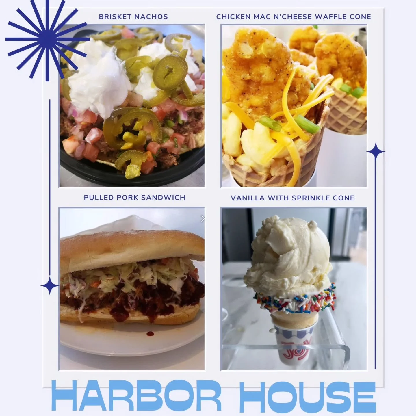 Happy 10th Anniversary! Saturday,  July 26th, 
Chicken Mac n Cheese waffle cones 
Beef brisket Nachos 
Pulled Pork sandwich 
Single scoop vanilla sprinkle cone special