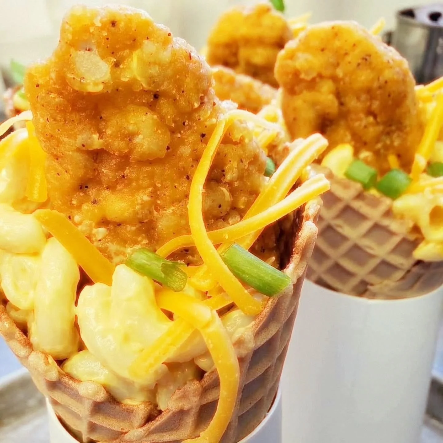 Chicken Mac n Cheese waffle cones