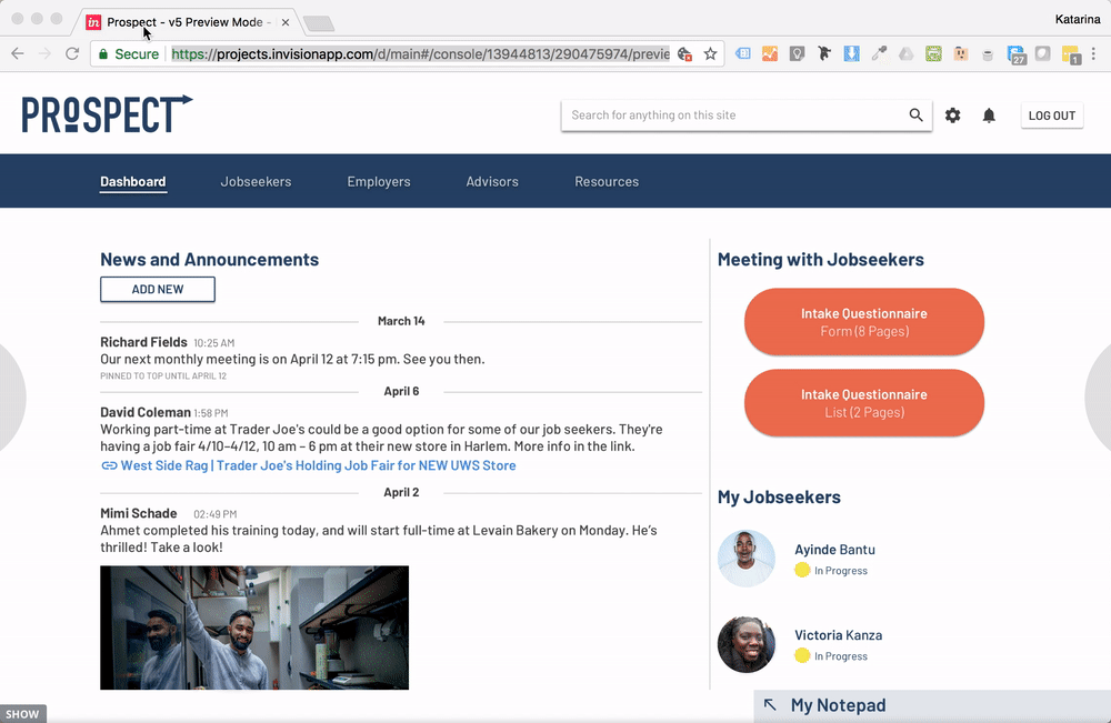 After a volunteer logs into Prospect, they’ll see it’s divided into 5 sections: a Dashboard, Jobseekers, Employers, Advisors, and Resources.