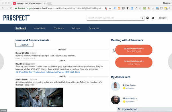The dashboard is also where volunteers can find the intake questionnaire . The questionnaire guides the initial in-person meeting with a refugee and includes an Advisor Reflection at the end, designed to give volunteers a few minutes to debrief after the meeting while it’s still fresh in their minds.