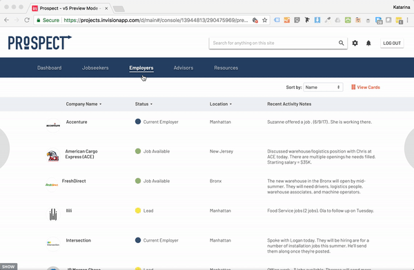 The Employers section can also be viewed as a list or as cards. Status indicators highlight the companies with open opportunities, or those that may only be leads. Clicking on a company that has jobs available reveals information about open positions. There’s a place for Recent Activity here too, for any notes from conversations with employers.