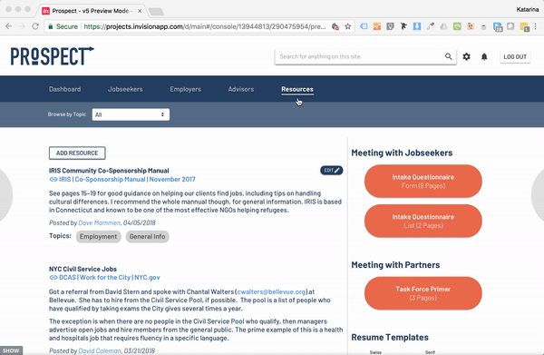 The Resources section is where volunteers can share materials they’ve found helpful as they navigate refugee employment.