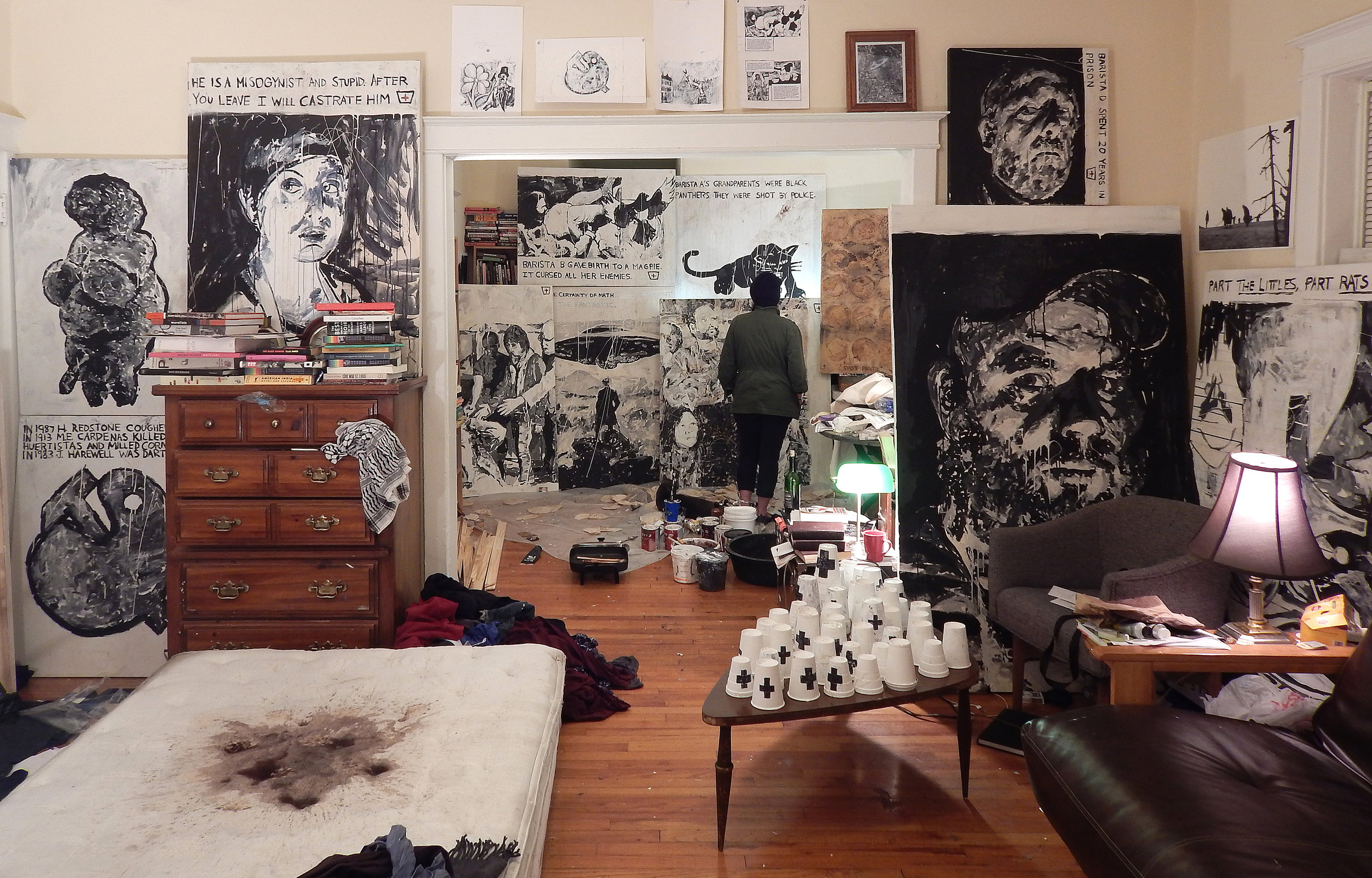 13 Baristas (Saint Louis installation) Acrylic, coffee and gum on canvas with found objects (2015).