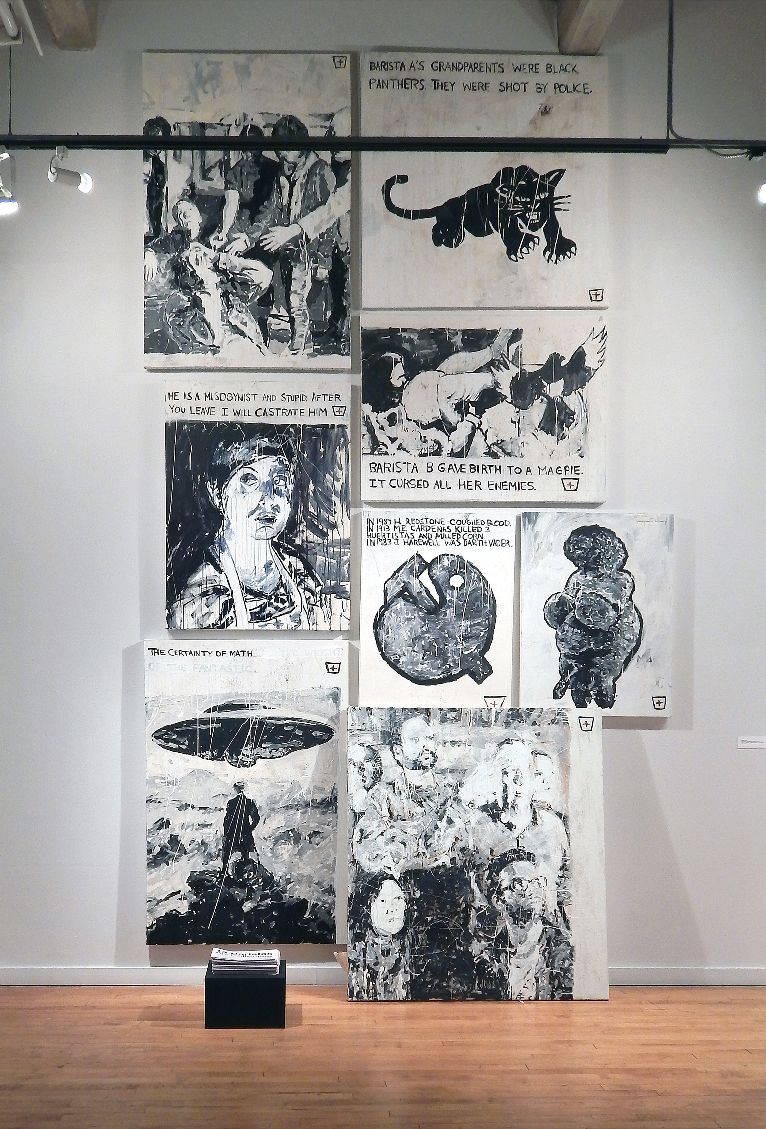 13 Barist as (salon installation at Des Lee Gallery) Acrylic, coffee, gum on canvas with 500 copies of the 13 Baristas newspaper (2015).