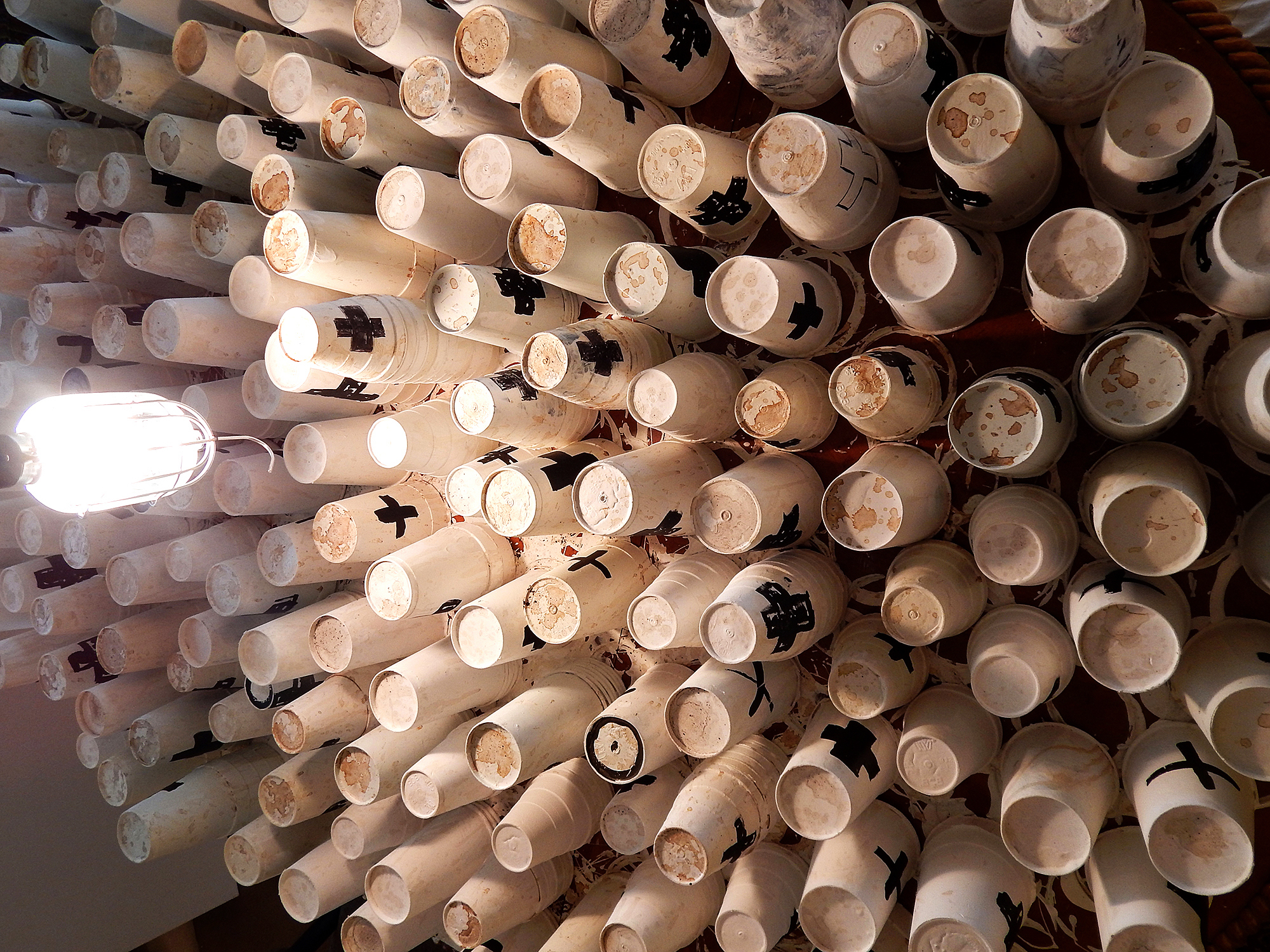 13 Baristas (Brett Wesley/Las Vegas installation detail) Hanging light, coffee cups, acrylic and coffee (2015).