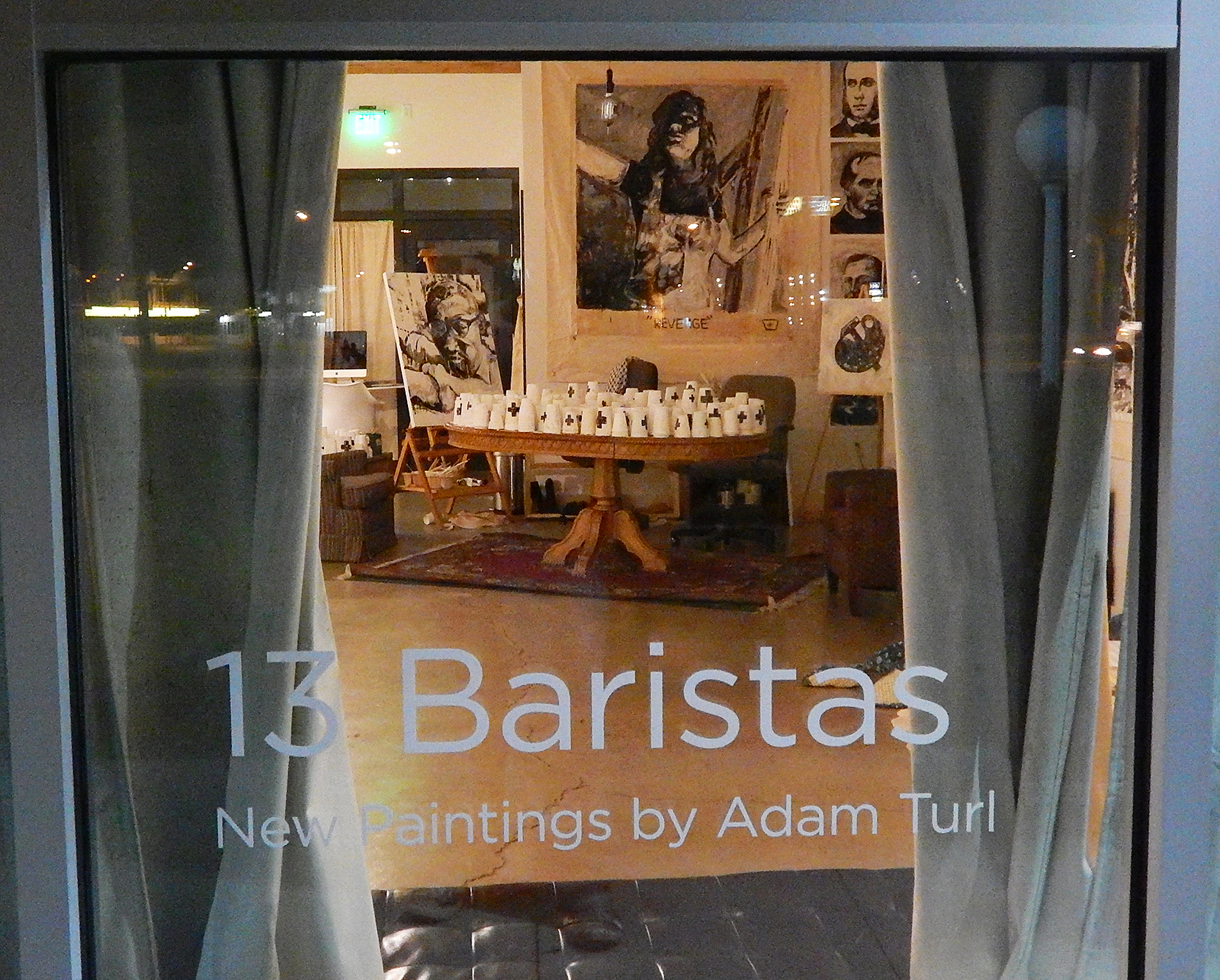 13 Baristas (Brett Wesley/Las Vegas installation detail) Acrylic, coffee and gum on canvas with furniture, mixed-media, hanging light, coffee cups, acrylic and coffee (2015).