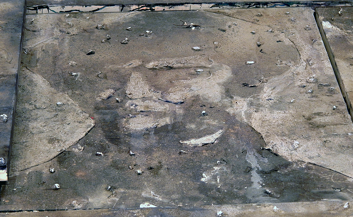 America's Spiritual Heroes (detail) Acrylic, oil, cotton, ash and concrete on canvas (2014).