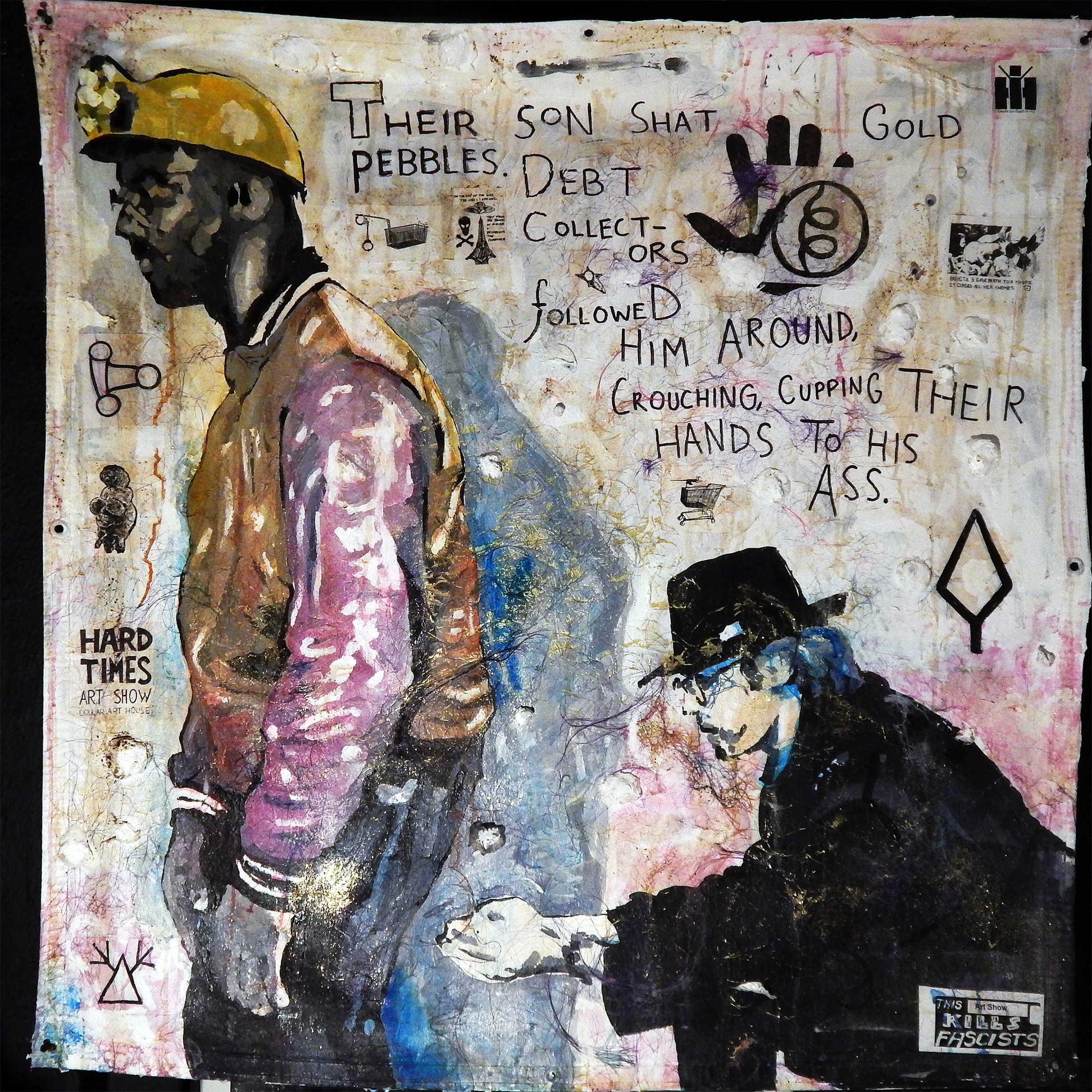 Utah Debt Collector (The Barista Who Could See the Future) Acrylic, coffee, cotton, stickers, glitter, wig-hair, Sharpie and mixed-media on canvas tarp (2016).