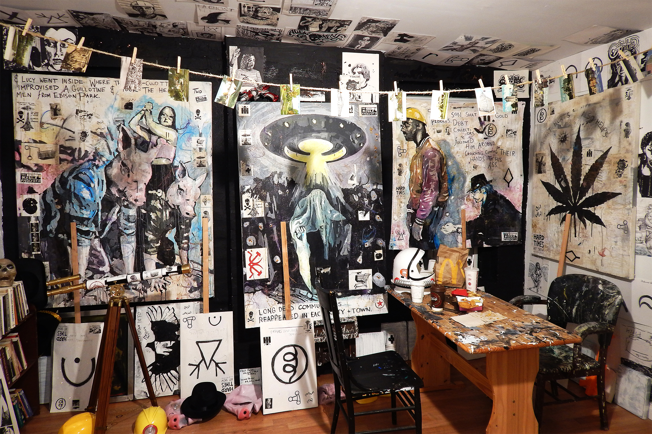 The Barista Who Could See the Future (first installation at Dollar Art House) Acrylic, coffee, cotton, stickers, glitter, wig-hair, Sharpie and mixed-media on canvas with furniture, found objects, McDonalds, prints (2016).