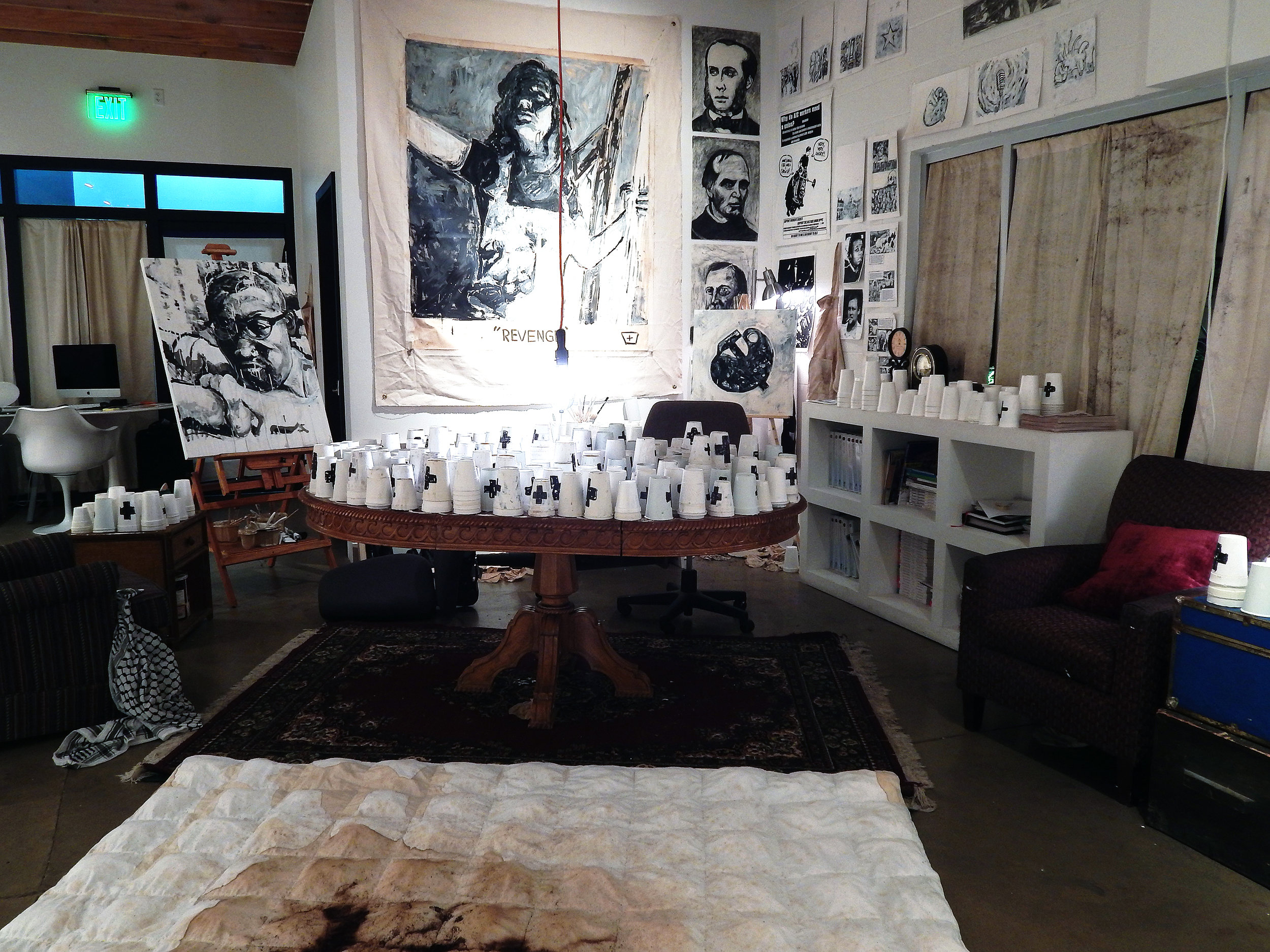 13 Baristas (Brett Wesley/Las Vegas installation detail) Acrylic, coffee and gum on canvas with furniture, mixed-media, hanging light, coffee cups, acrylic and coffee (2015).