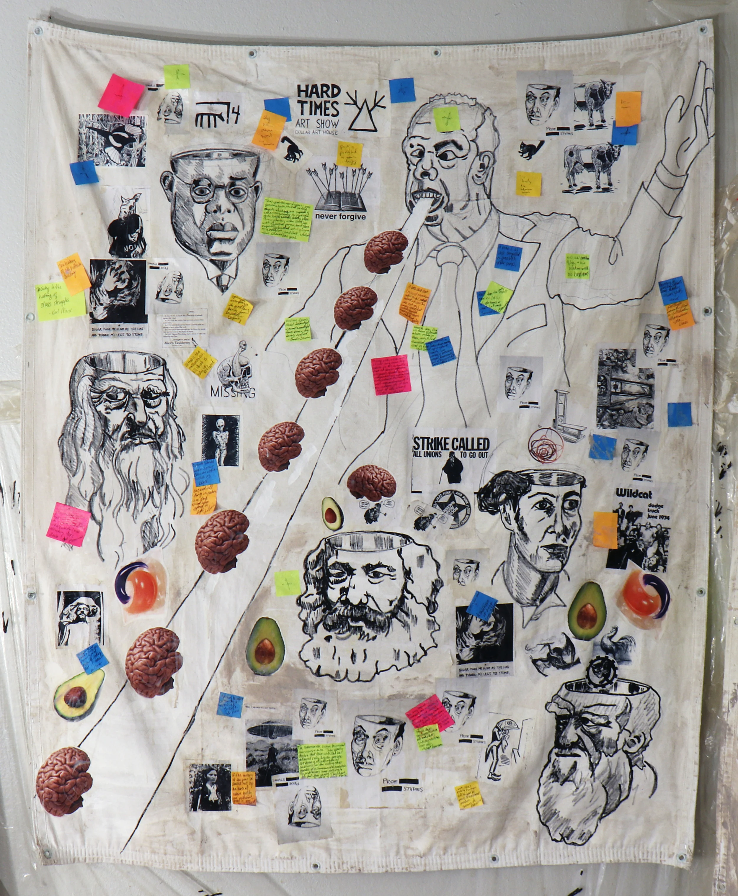 Erasure Chancellor/Carlo Montemagno Eats Brains. Acrylic, marker, Sharpie, photocopies, coffee, stickers, post-it notes, and mixed media on canvas tarp
