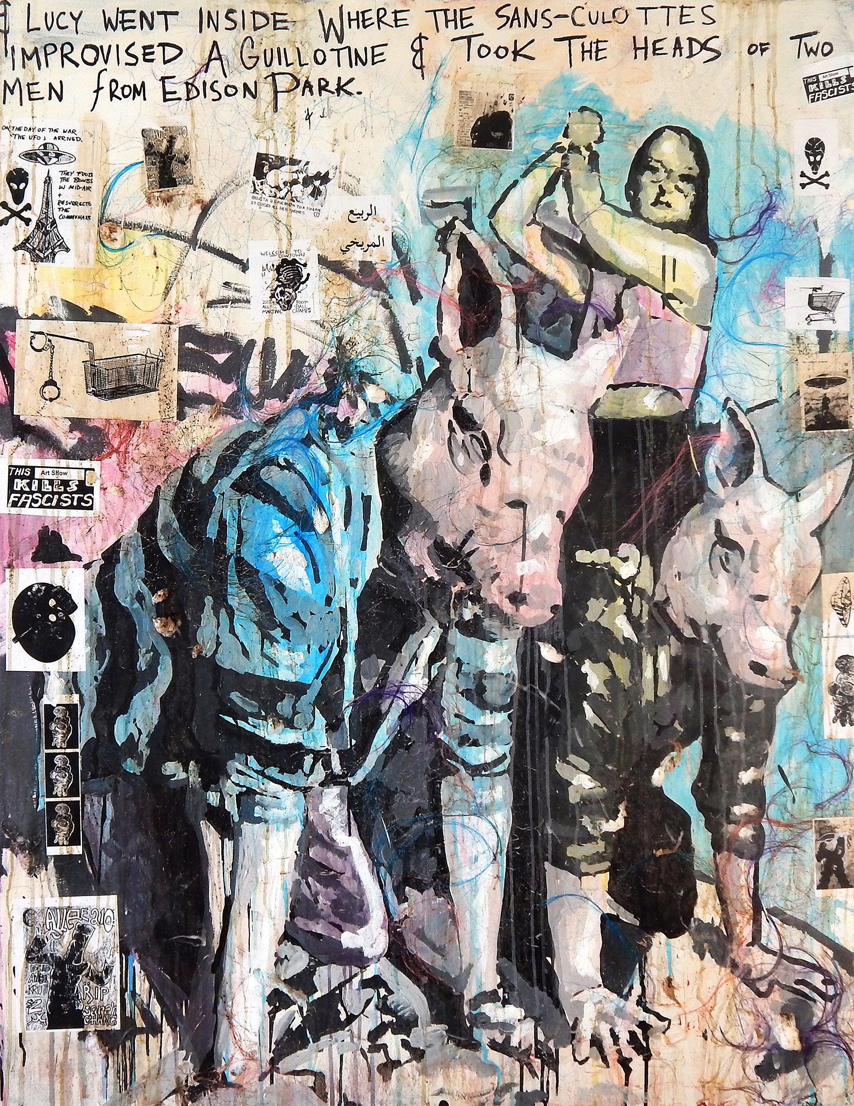 Lucy Parsons at the Golden Nugget (The Barista Who Could See the Future) (2016). Acrylic, Sharpie, wig hair, glitter, stickers and mixed media on canvas. (Adam Turl)