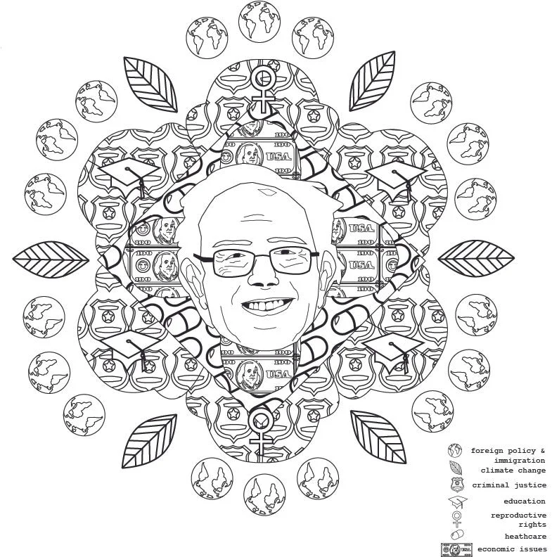 bernie: mediate on politics , 2016. coloring book illustration.