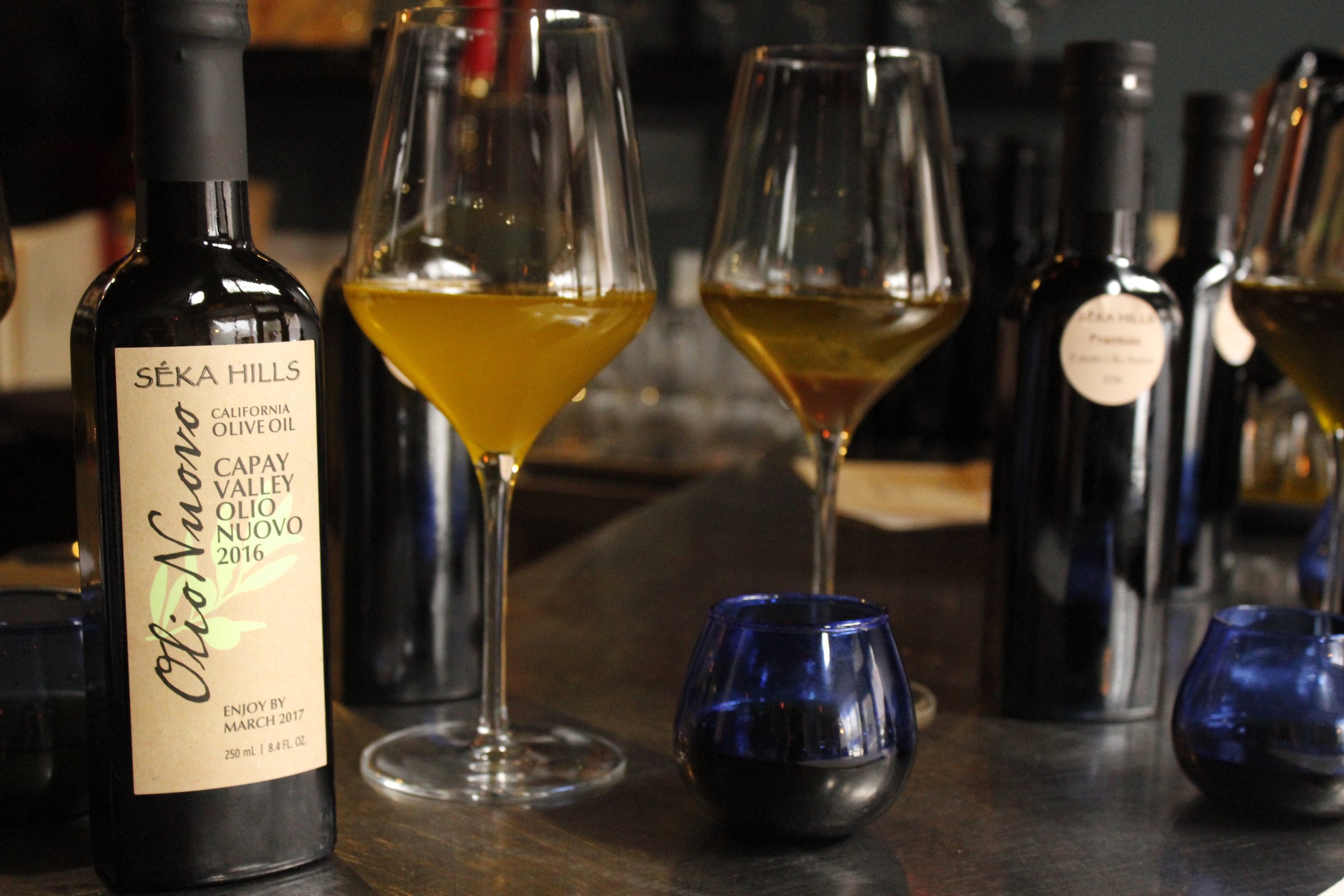  olive oil in wine glasses 