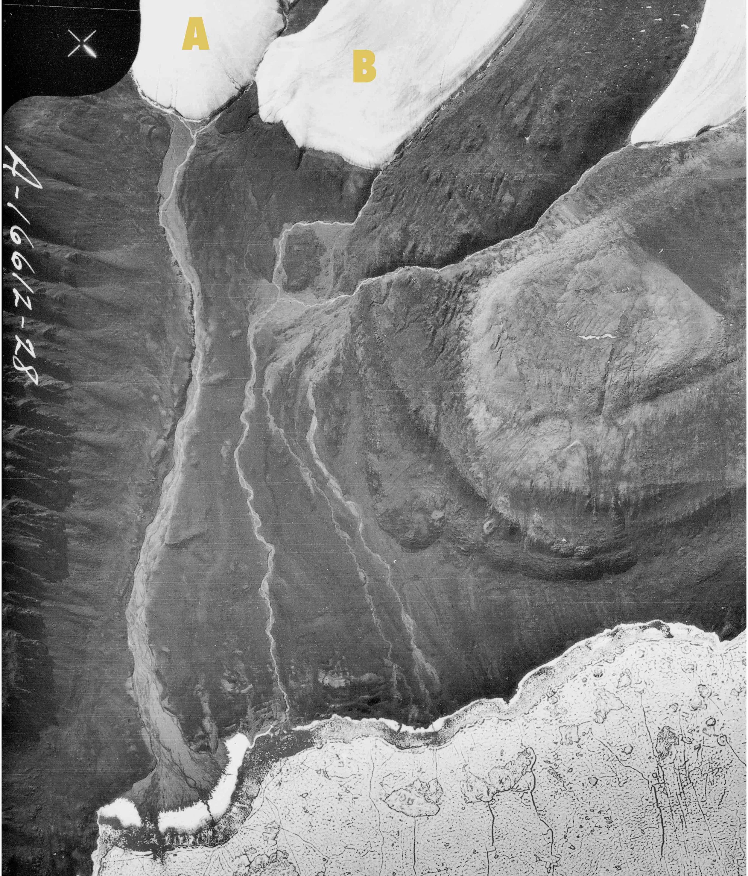 Air photograph of Alexandra Fiord lowland in 1959, showing the southern (A) and western (B) lobes of Twin Glacier.
