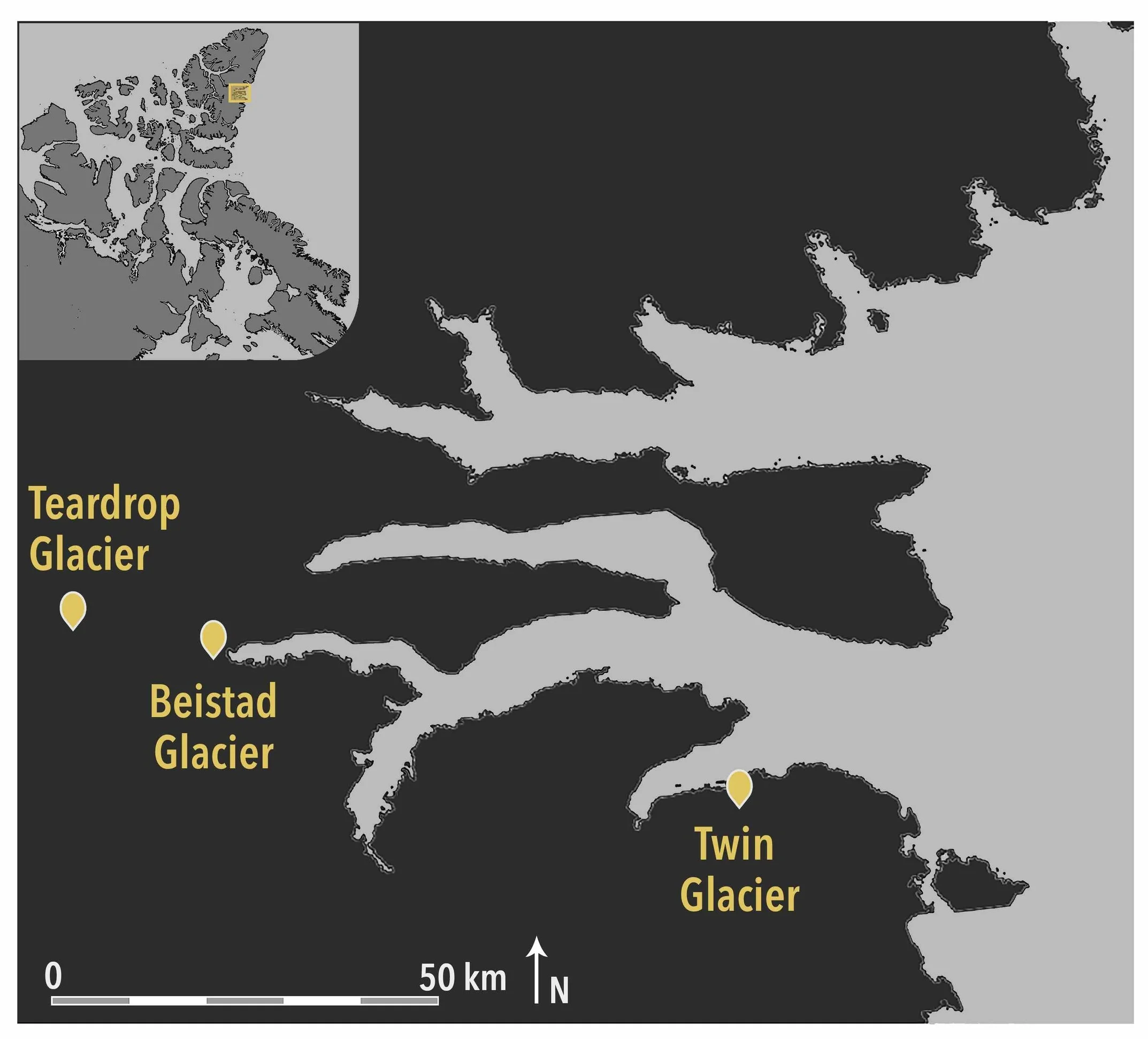 Map shows locations of Twin Glacier, and extensive sites Beistad and Teardrop Glaciers on the eastern coast of Ellesmere Island.