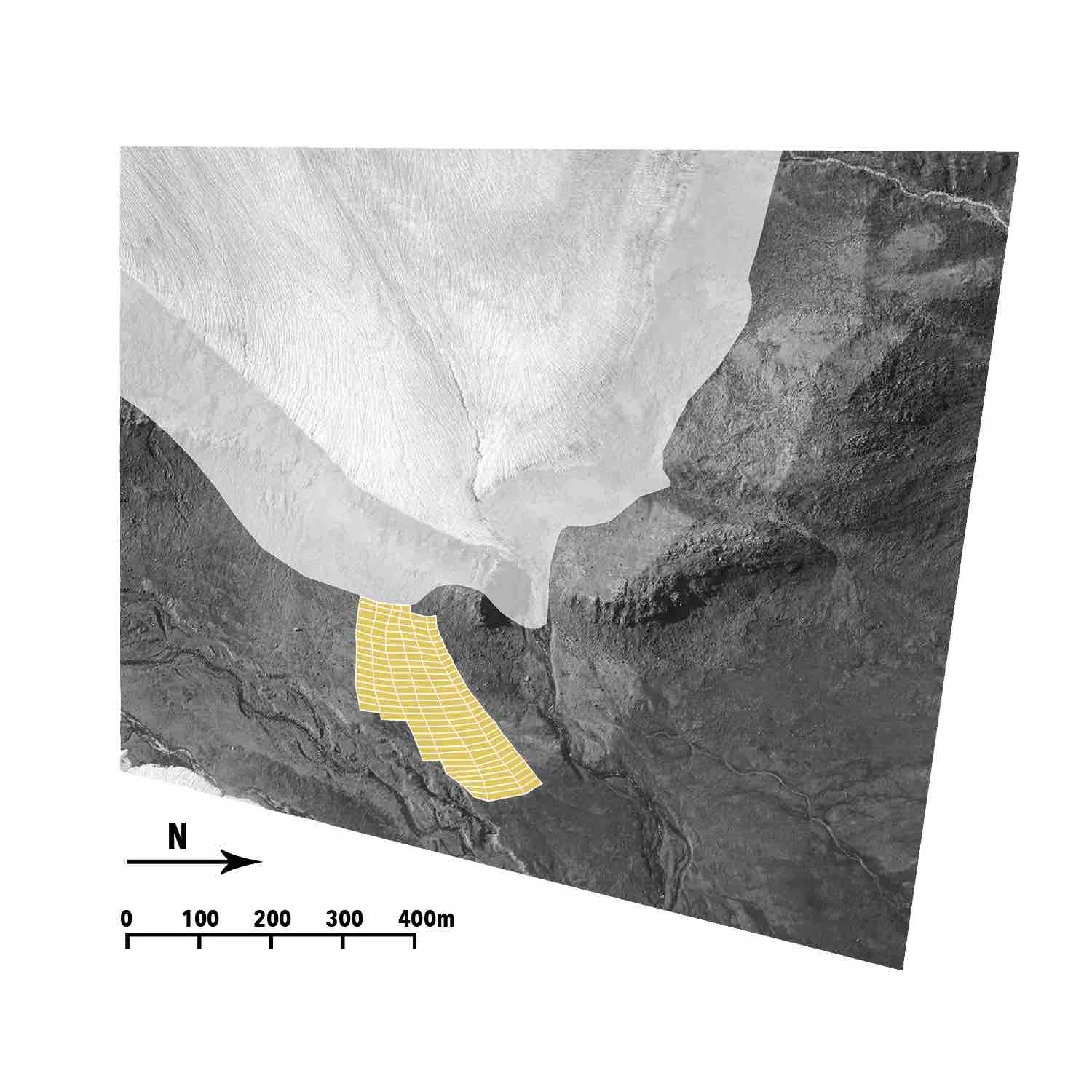 Aerial view of the study area in July 2016. The yellow grid shows the layout of the 144 zones surveyed. The white shaded area shows the glacial retreat between 1995 and 2016.