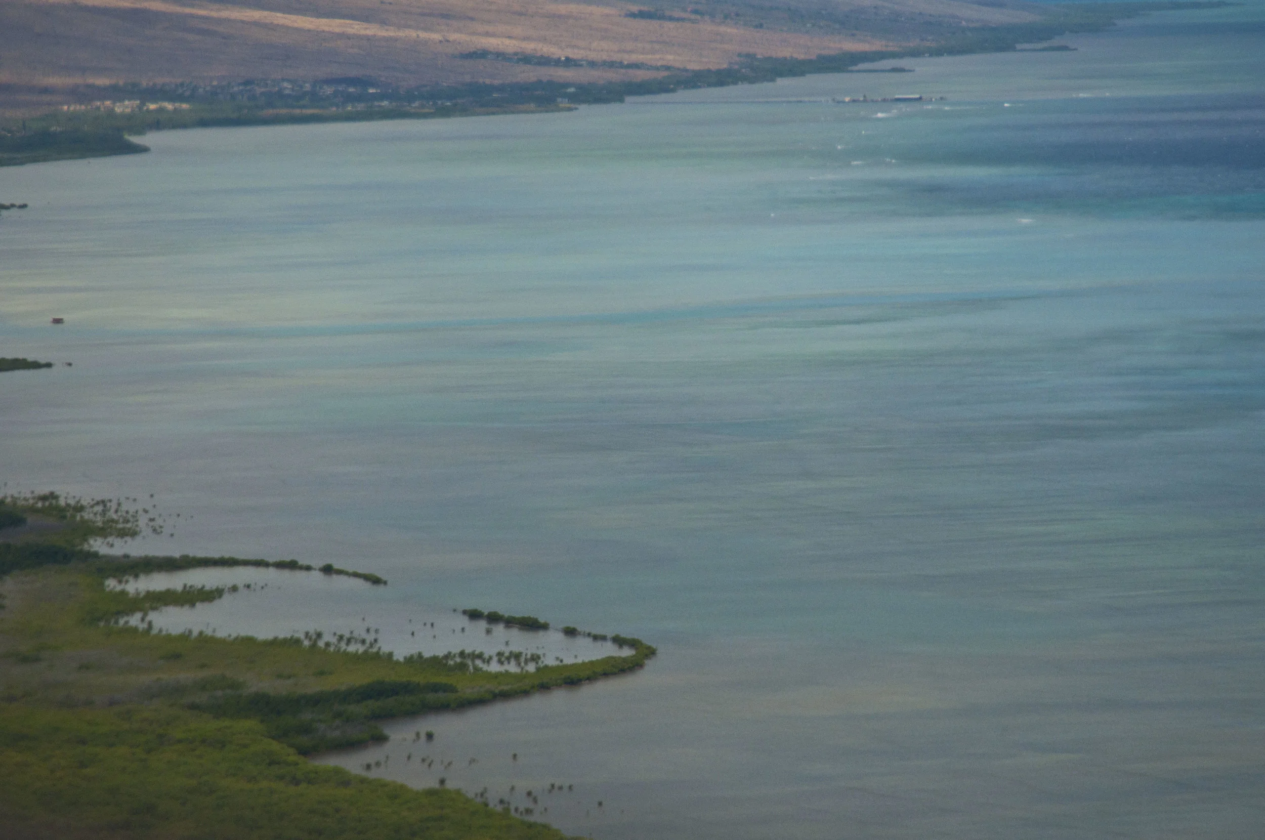South Shore of Molokai. Waves depict fringing reef. Bonefish flats are inshore of reef.