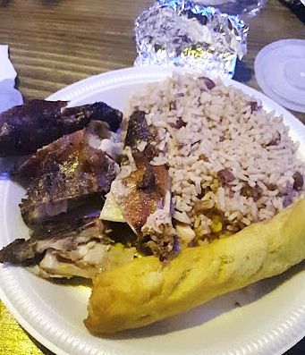 Jerk chicken, rice and peas and festival at Scotchies
